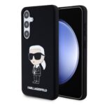 Juodas originalus dėklas Karl Lagerfeld Liquid Silicone Ikonik NFT telefonui Samsung Galaxy S24 Plus su figūrėle ir prekės ženklu