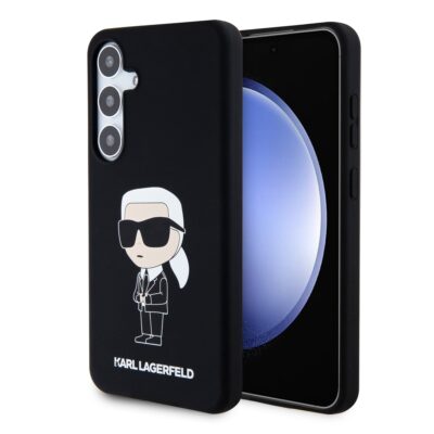 Juodas originalus dėklas Karl Lagerfeld Liquid Silicone Ikonik NFT telefonui Samsung Galaxy S24 Plus su figūrėle ir prekės ženklu