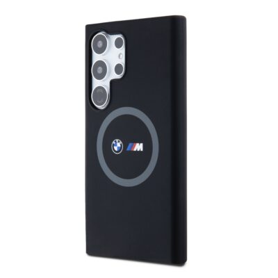 Juodas dėklas BMW M Printed Round and Logo Magsafe silikoninis telefonui Samsung Galaxy S24 Ultra su logotipu ir apsauginiu kameros anga