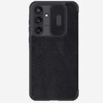 Juodas atverčiamas dėklas Samsung Galaxy A55 5G Nillkin Qin Pro Book su tekstūruota medžiaga ir apsauga kameros lęšiams