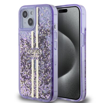 Violetinis originalus deklas Guess PC TPU Liquid Glitter Gold Stripe telefonui Apple iPhone 15 su auksine juostele ir blizgiu dizainu