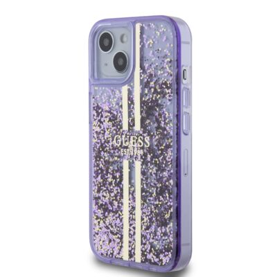 Violetinis originalus dėklas Guess PC TPU Liquid Glitter Gold Stripe telefonui Apple iPhone 15 su aukso juostomis ir blizgučiais