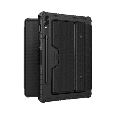 Juodas dėklas Nillkin Bumper Combo Keyboard Samsung Tab S9 Plus, matomas tekstūruotas dylančio paviršiaus fonas