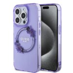 Violetinis originalus dėklas Guess su gėlių vainiku MacSafe iPhone 15 Pro Max telefonui