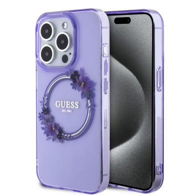 Violetinis originalus dėklas Guess su gėlių vainiku MacSafe iPhone 15 Pro Max telefonui