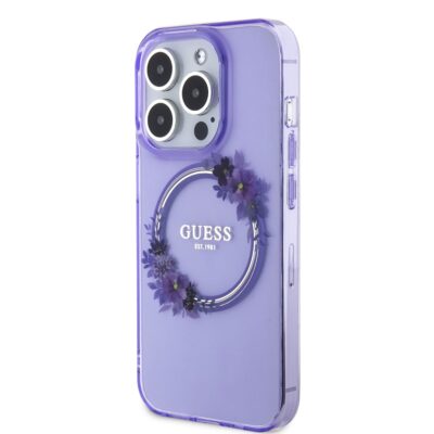 Violetinis originalus dėklas Guess PC TPU Flowers Ring Glossy Logo MagSafe telefonui Apple iPhone 15 Pro Max su gėlėmis ir logotipu
