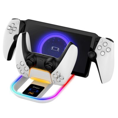 Balta krovimo stotelė iPega P5P11 Charger Dock su RGB apšvietimu ir PlayStation Portal valdikliu