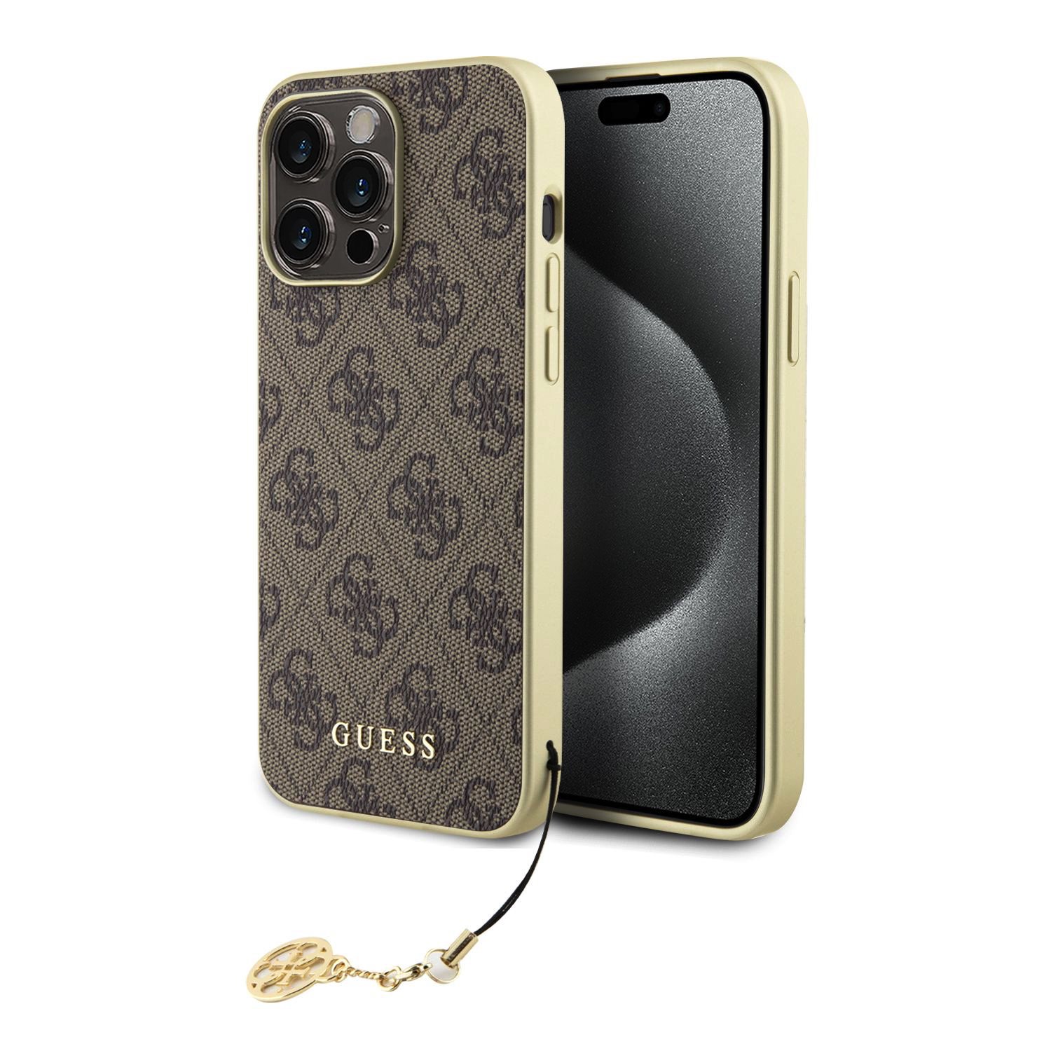 Rudas originalus dėklas Guess 4G Charms telefonui Apple iPhone 15 Pro Max Rudas originalus dėklas Guess 4G Charms telefonui Apple iPhone 15 Pro Max su raštuota oda ir pakabuku