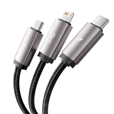 Pilkas kabelis 3IN1 Lightning, Type-C ir Micro-Usb jungtimis su juodu tinkleliu