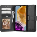 Juodas atverčiamas dėklas Samsung Galaxy M15 5G Tech-Protect Wallet su kortelių ir pinigų skyreliais