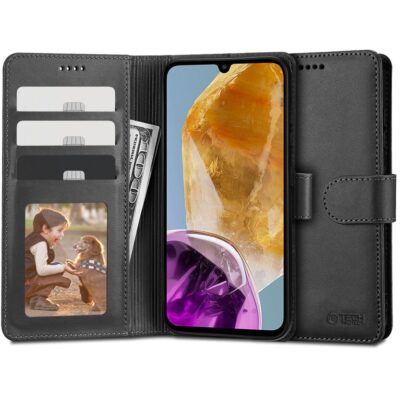 Juodas atverčiamas dėklas Samsung Galaxy M15 5G Tech-Protect Wallet su kortelių ir pinigų skyreliais