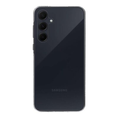 Skaidrus dėklas Tactical TPU telefonui Samsung Galaxy A35 5G ant juodo telefono nugarėlės