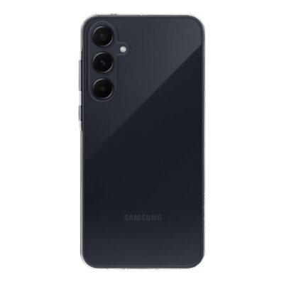 Skaidrus dėklas Tactical TPU telefonui Samsung Galaxy A55 5G ant juodo telefono su trimis kameromis