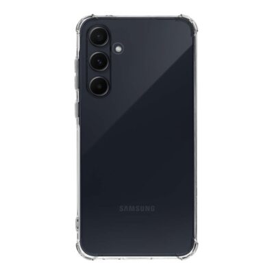 Skaidrus dėklas Tactical TPU Plyo telefonui Samsung Galaxy A55 5G ant juodo telefono galinio paviršiaus