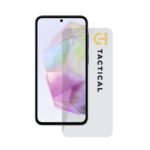Skaidrus apsauginis stiklas telefonui Samsung Galaxy A35 5G Tactical Glass Shield 2.5D matomas priekyje šalia telefono ekrano