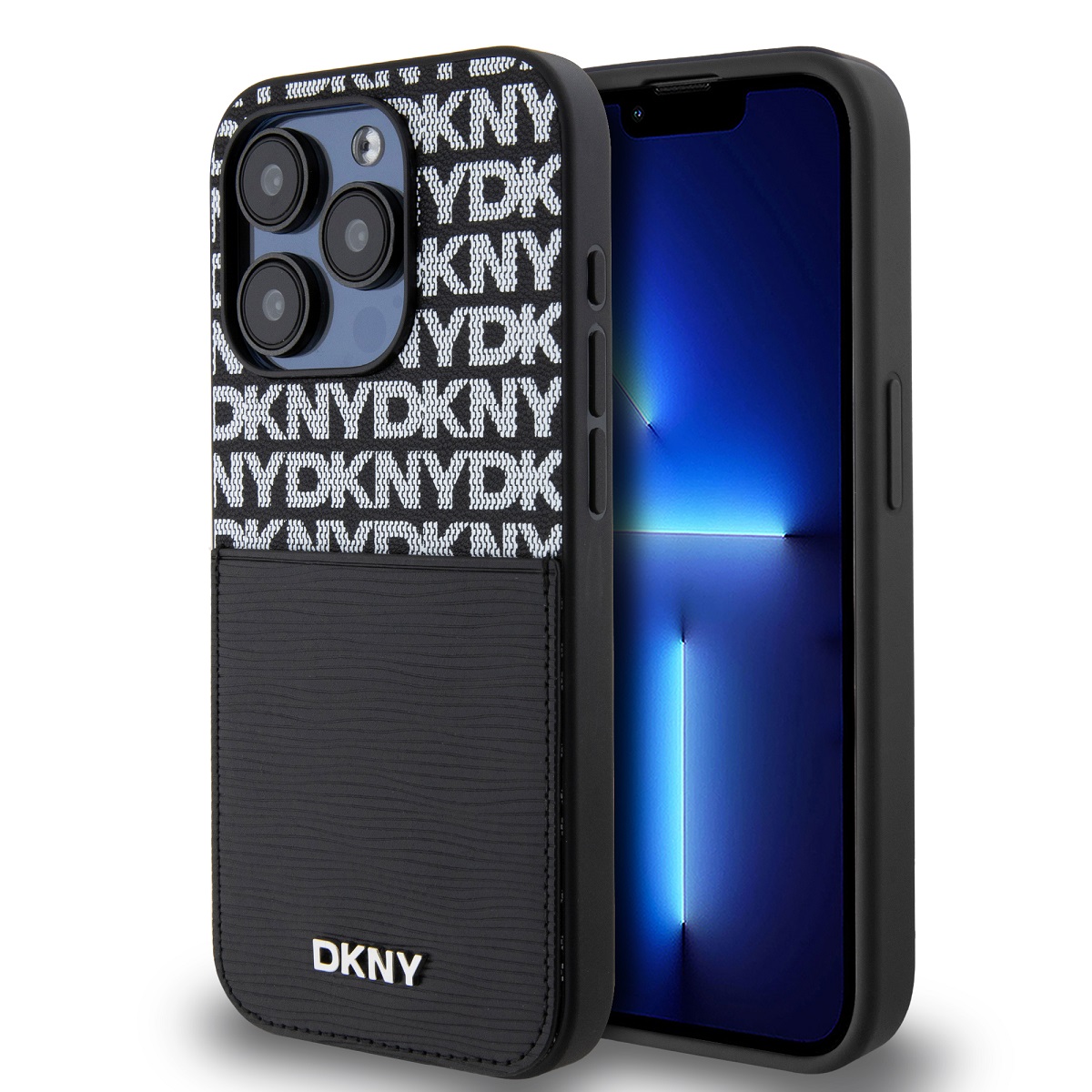 Juodas dėklas telefonui Apple Iphone 15 Pro DKNY PU Leather Juodas dėklas telefonui Apple Iphone 15 Pro su DKNY logotipu ir kortelių kišene