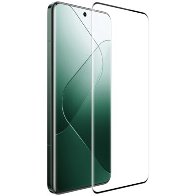 Juodas apsauginis grūdintas stiklas Nillkin Tempered Glass 3D CP+ Max telefonui Xiaomi 14 Ultra matomas šalia telefono ekrano