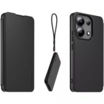 Juodas originalus atverčiamas dėklas Book Necklace telefonui Xiaomi Redmi Note 13 4G matomas iš skirtingų kampų
