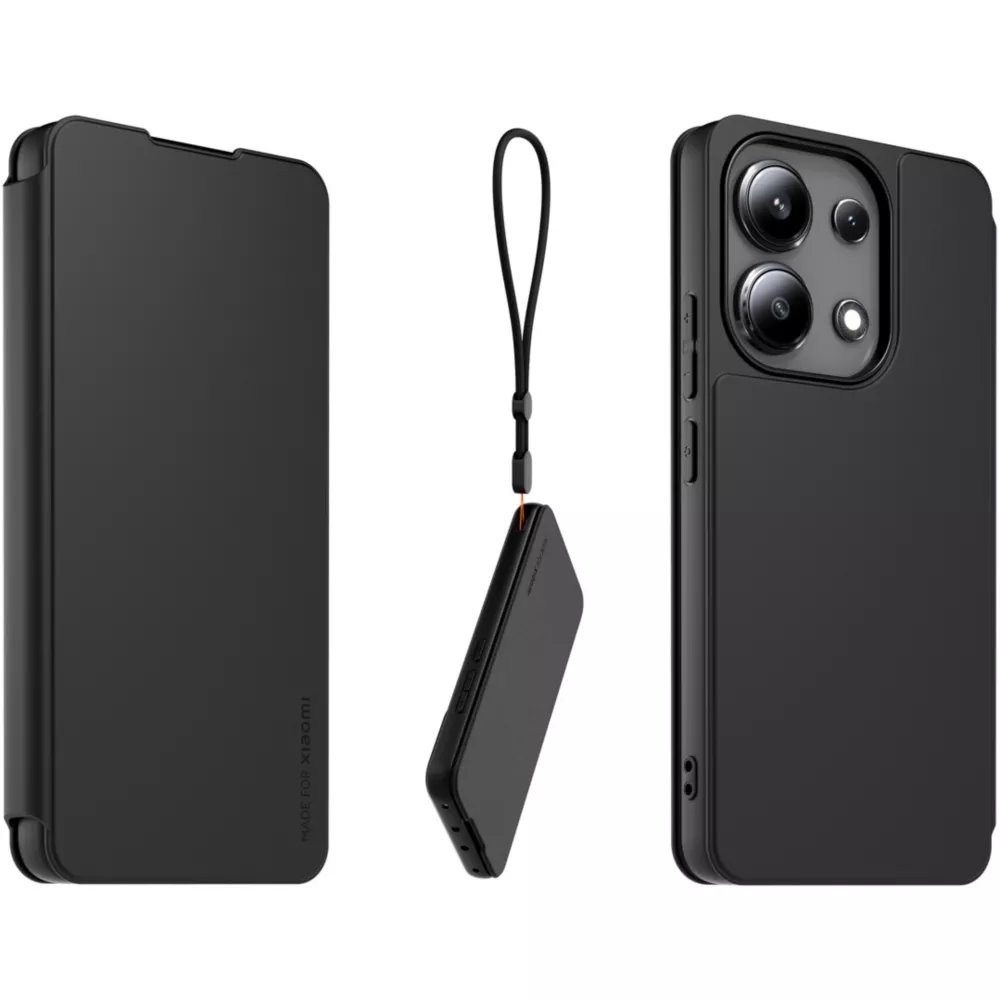 Juodas originalus atverčiamas dėklas Book Necklace Xiaomi Redmi Note 13 4G Juodas originalus atverčiamas dėklas Book Necklace telefonui Xiaomi Redmi Note 13 4G matomas iš skirtingų kampų