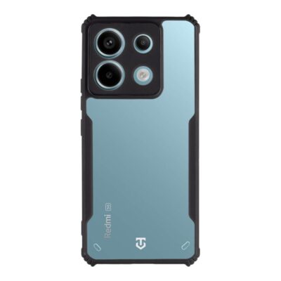 Skaidrus-juodas dėklas Tactical Quantum Stealth telefonui Xiaomi Redmi Note 13 Pro 5G ant mėlyno telefono