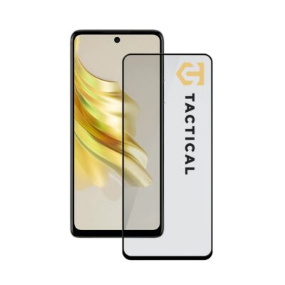 Juodas apsauginis ekrano stikliukas Tecno Spark 20 Pro Tactical Glass Shield 5D su juoda rėmeliu.