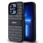 Juodas dėklas telefonui Apple Iphone 15 Pro DKNY PU odos raštuotas šonuose ir tonos dryžuotas.