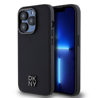 Juodas dėklas telefonui Apple Iphone 15 Pro su DKNY logo ir apsauga kamerai