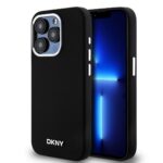 Juodas dėklas telefonui Apple Iphone 15 Pro DKNY Liquid Silicone su sidabriniu metaliniu logotipu ir Magsafe
