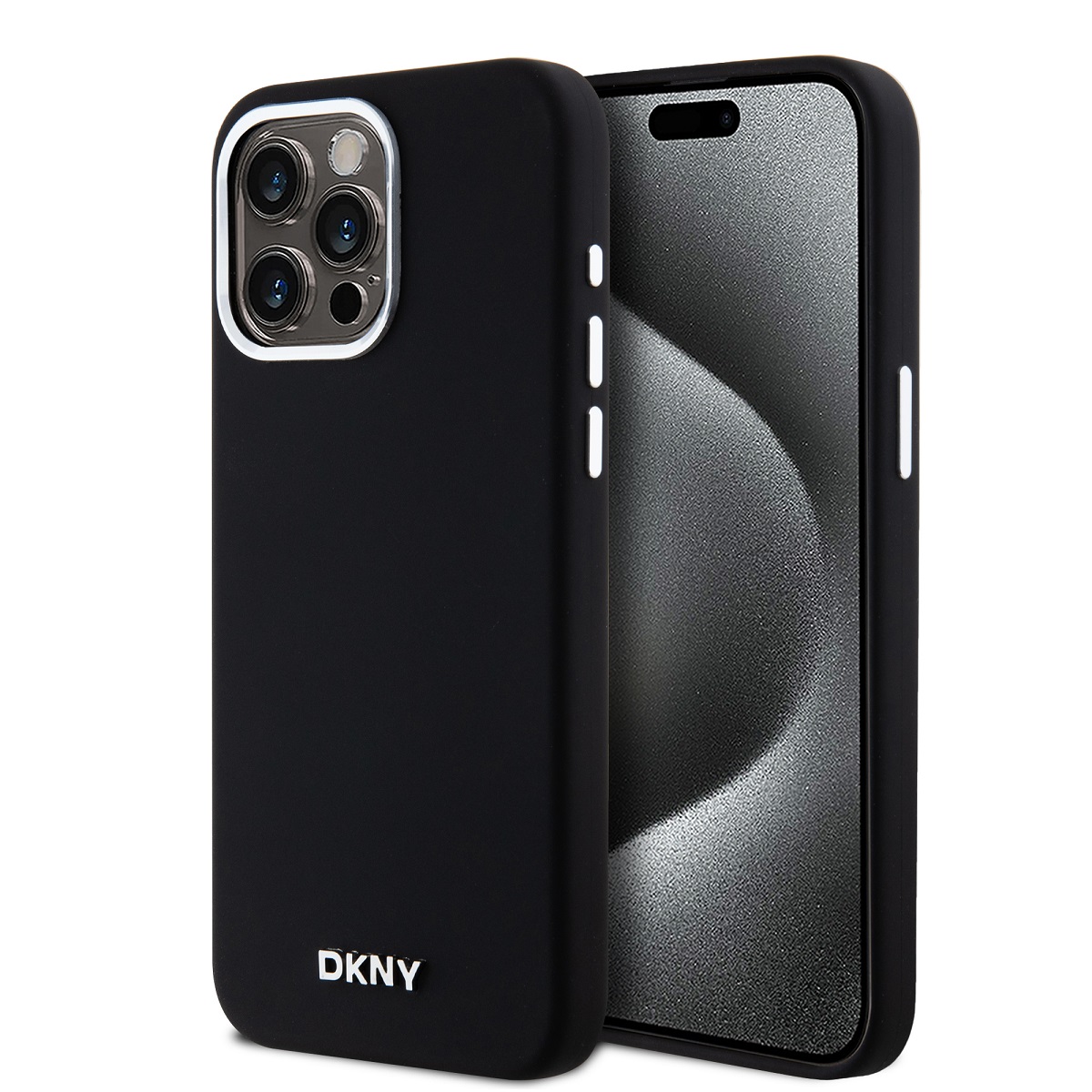 Juodas dėklas Apple Iphone 15 Pro Max DKNY Juodas dėklas telefonui Apple Iphone 15 Pro Max DKNY liquid silikono su sidabro metaliniu logotipu ir magsafe