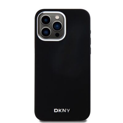 Juodas dėklas telefonui Apple Iphone 15 Pro Max su DKNY sidabro spalvos metalo logotipu