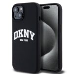 Juodas dėklas telefonui Apple Iphone 15 DKNY Liquid Silicone Arch Logo MagSafe su baltu DKNY užrašu
