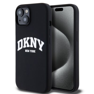 Juodas dėklas telefonui Apple Iphone 15 DKNY Liquid Silicone Arch Logo MagSafe su baltu DKNY užrašu