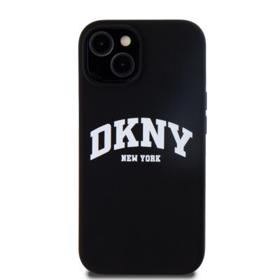 Juodas dėklas telefonui Apple Iphone 15 DKNY Liquid Silicone Arch Logo MagSafe su baltu DKNY užrašu