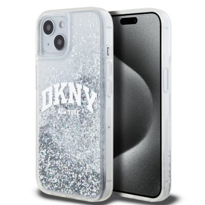 Skaidrus blizgantis dėklas telefonui Apple Iphone 15 su DKNY Liquid Glitter Arch Logo