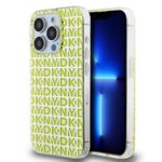 Geltonas deklas telefonui Apple Iphone 15 Pro su DKNY raštu ir permatomu šalčiu