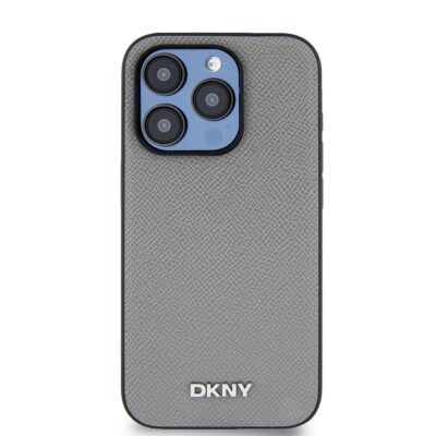 Pilkas dėklas telefonui Apple Iphone 15 Pro su DKNY sidabro spalvos metaliniu logotipu