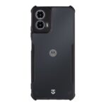 Skaidrus-juodas dėklas Tactical Quantum Stealth telefonui Motorola G34 su matomu kamerų bloku ir logotipais