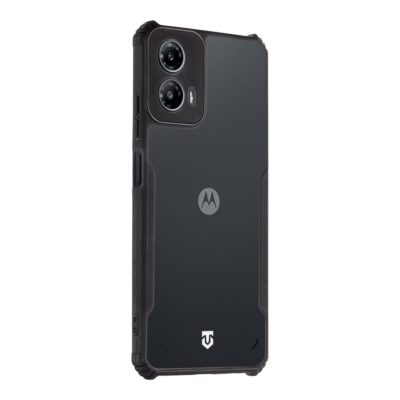 Skaidrus-juodas dėklas Tactical Quantum Stealth telefonui Motorola G34 su matoma kamera ir logotipais