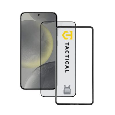 Apsauginis ekrano stikliukas Samsung S24 Plus Tactical Glass Impact Armour matomas su juoda rėmeliu
