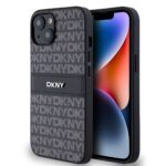 Juodas dėklas telefonui Apple Iphone 14 DKNY PU Leather su pasikartojančiu piešiniu ir juoda juostele