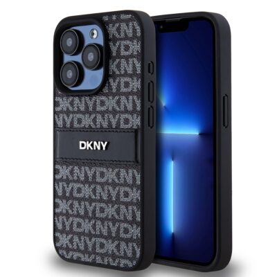 Juodas dėklas telefonui Apple Iphone 15 Pro Max su DKNY PU odos pakartotiniu raštu ir tonaliniu dryžu