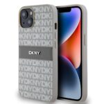 Beige dėklas telefonui Apple Iphone 14 su DKNY PU odos raštu ir juosta