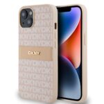 Rausvas dėklas telefonui Apple Iphone 14 DKNY PU Leather Repeat Pattern Tonal Stripe su logotipu