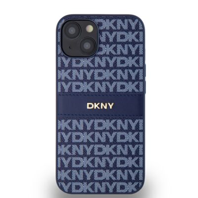 Mėlynas dėklas telefonui Apple Iphone 14 su DKNY logotipo raštu ir odos juosta