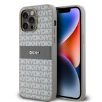 Beige dėklas telefonui Apple Iphone 14 Pro su DKNY raštu ir juodos spalvos dirbiniu centre
