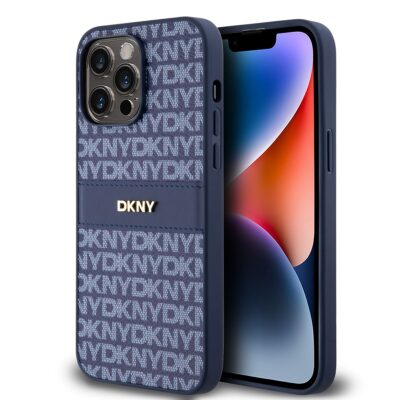 Mėlynas dėklas telefonui Apple Iphone 14 Pro su DKNY raštais ir PU odos juosta
