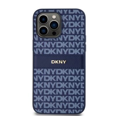 Mėlynas dėklas telefonui Apple Iphone 14 Pro su DKNY PU odos raštu ir tonaline juosta