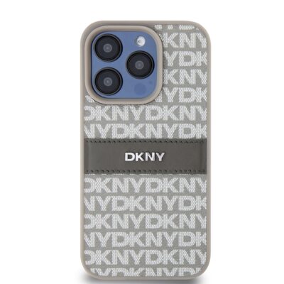 Beige dėklas telefonui Apple Iphone 14 Pro Max su DKNY logotipo raštu ir PU odos juostele