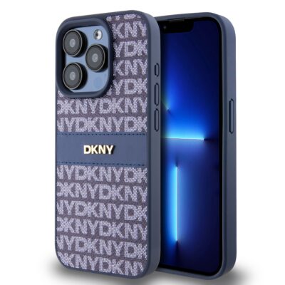 Mėlynas dėklas telefonui Apple Iphone 15 Pro Max su DKNY PU odos raštu ir juostele