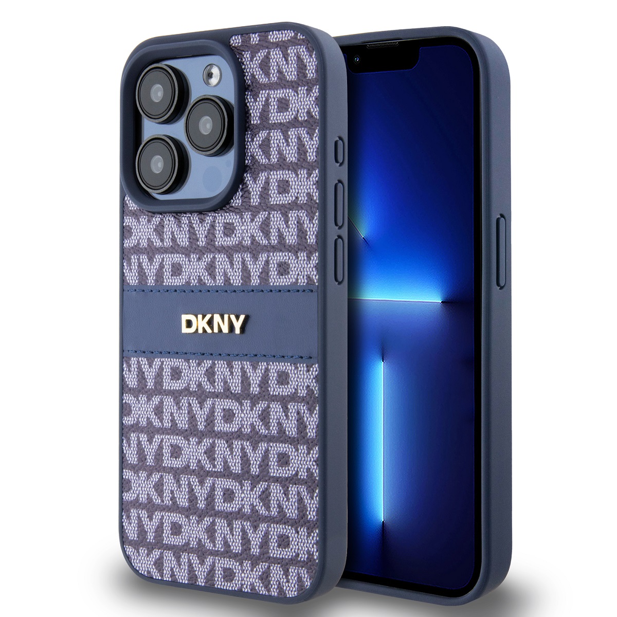 Mėlynas dėklas Apple Iphone 15 Pro Max DKNY PU odos raštu Mėlynas dėklas telefonui Apple Iphone 15 Pro Max su DKNY PU odos raštu ir juostele